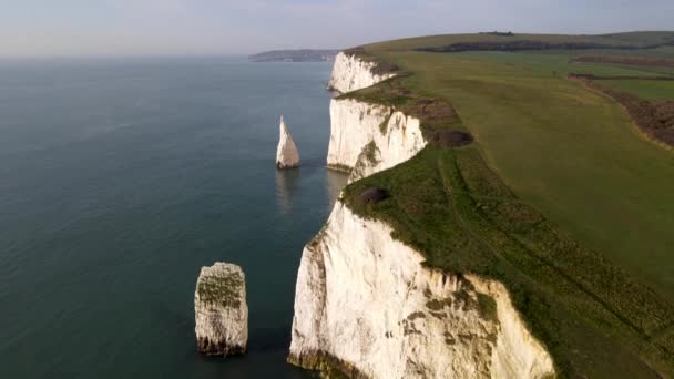 Drönaren Flyger Kanten Old Harry Rocks Cliffs Purbeck Dorset Lutning — Stockvideo