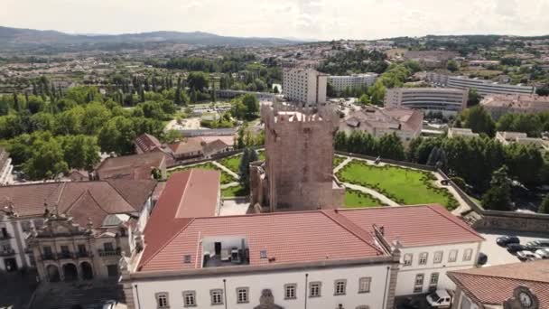 Aerial Approaching Keep Castle Chaves Portugal Landmark Fortified Tower — Stock Video