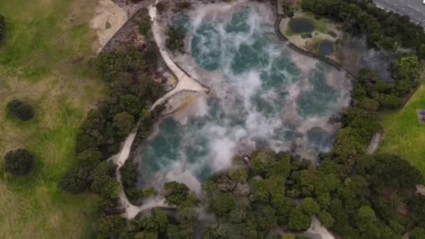 ニュージーランドのロトルアにあるKuirau Park Rotua New Zealandのドローンフライオーバー温泉とボードウォークアウト — ストック動画