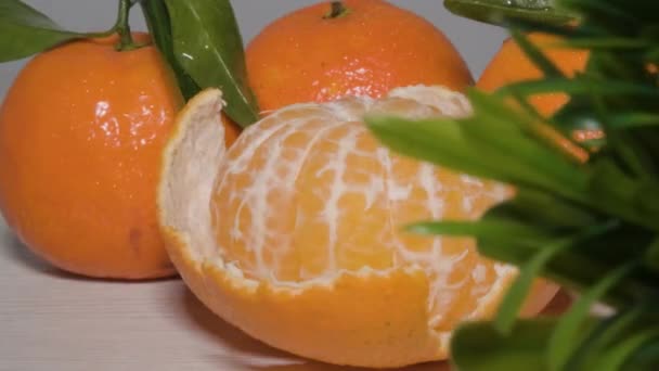 キッチンテーブルの周りを回転するショットを閉じ 半分皮をむいた熟したマンダリンオレンジ 健康的な有機スナックのために皮をむきやすい甘い味の柑橘類を明らかにします — ストック動画