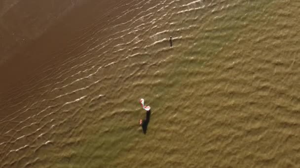 Kitesurfer在布宜诺斯艾利斯人类的帮助下进入了里约德拉普拉塔河的水域空中自上而下的盘旋 — 图库视频影像