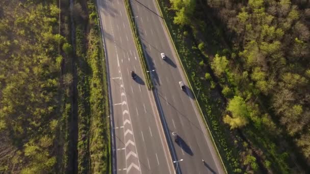 Luchtfoto Boven Drukke Snelweg Overdag Omgeven Door Weelderige Groene Vegetatie — Stockvideo