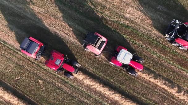 Top Aerial Shot Some Tractors Standing Ready Start Harvesting Together — Stock Video