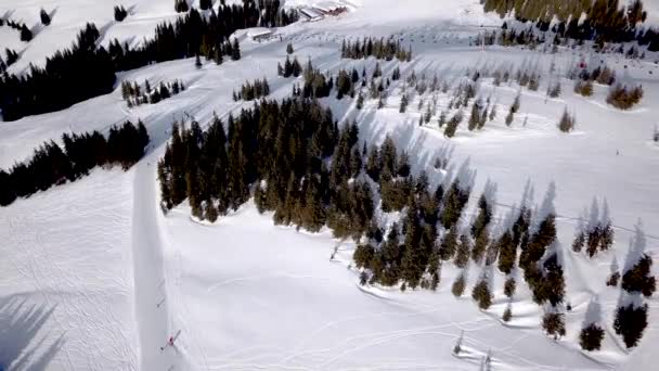 Вид Воздуха Лыжи Сноуборд Холме Горнолыжный Курорт Беспилотник Летит Над — стоковое видео