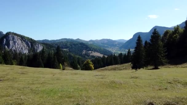 Ragazza Che Scende Una Collina Erbosa Con Vista Panoramica Sulla — Video Stock