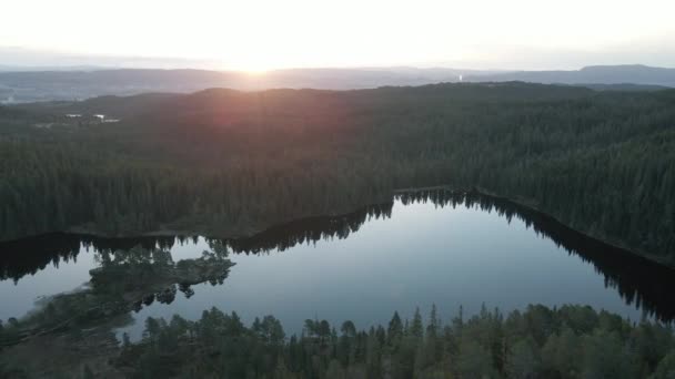 日の出の間に豊富な森林とBaklidammen湖の静かな水 — ストック動画