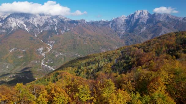 Zdjęcia Panoramiczne Sceny Jesiennej Żółto Czerwonymi Drzewami Górami Świetle Słonecznym — Wideo stockowe