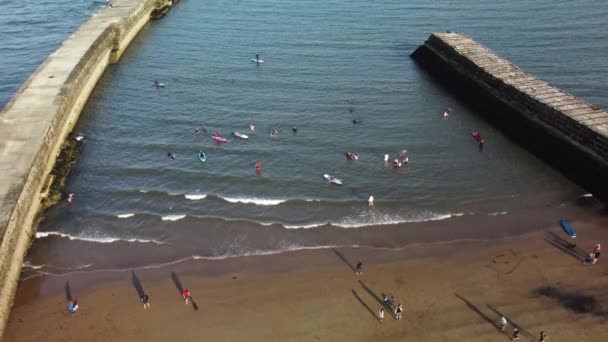 Gente Divirtiéndose Mar Vista Aérea Descendente Gente Nadando Haciendo Kayak — Vídeos de Stock