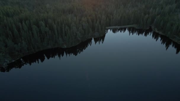 太阳升起时 湖畔绿树成荫 空中倾斜 — 图库视频影像
