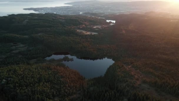Trondheim City Från Baklidammen Sjön Med Tät Skog Vid Soluppgången — Stockvideo