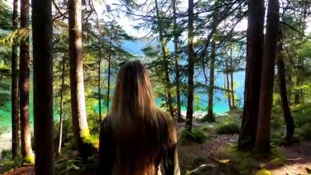 Third Person View Blonde Girl Green Dress Walking Forest She — Stock Video