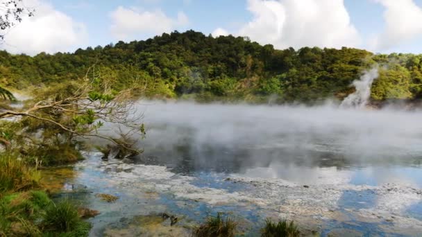 背景为青山的Frying Pan湖上空飞散的有毒蒸气的喘息镜头 新西兰万芒火山裂谷 — 图库视频影像