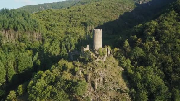 Letecký Pohled Zříceninu Hradní Věže Ztracenou Mezi Zelenou Vegetací — Stock video