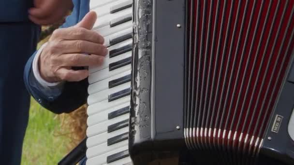 Close-up of a musicians hand playing a black accordion with black and white keys.