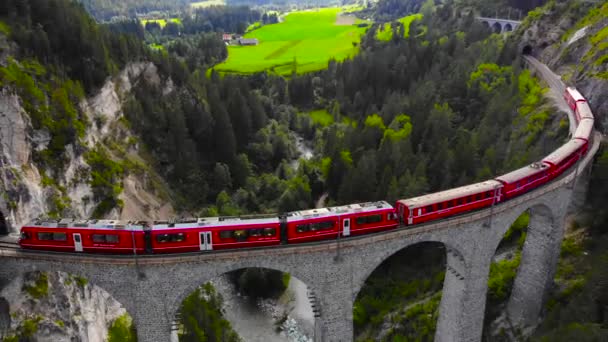 Landwasser高架桥上的红色火车 — 图库视频影像