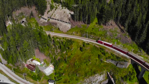 Aérien Train Rouge Dans Paysage Montagneux — Video