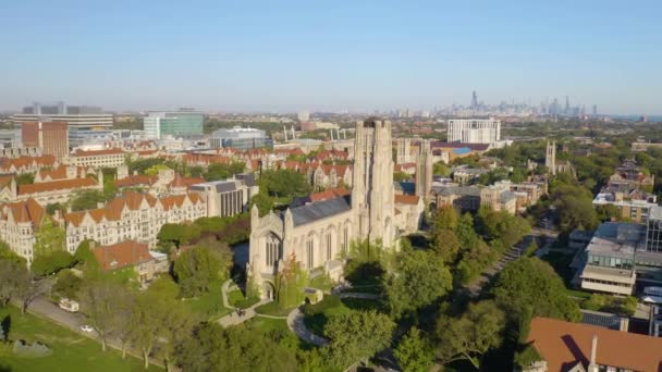 Drone Flies Beautiful Rockefeller Memorial Chapel Late Summer Day — Stock Video