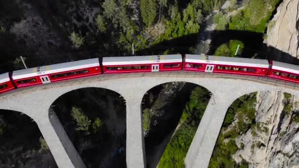 Aerial Red Train Landwasser Viaduct — Stock Video