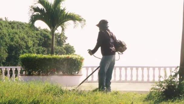 在巴拿马城阿马多尔的铜锣道上 一名身着防护服的公务员在一天的工作中清扫着人行道上长满杂草的草地 — 图库视频影像