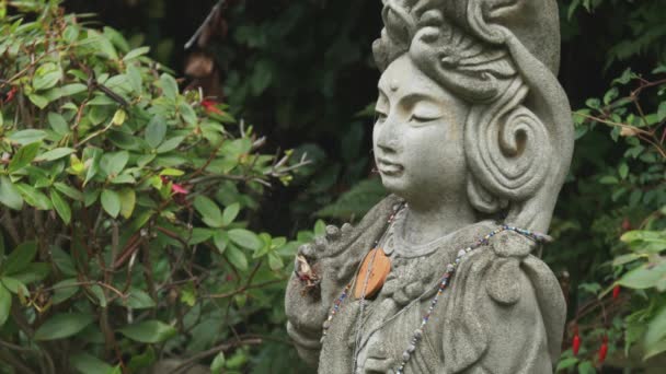 Budista Guanyin Deusa Perfil Estátua Figurinha Perto Jardim Exterior — Vídeo de Stock