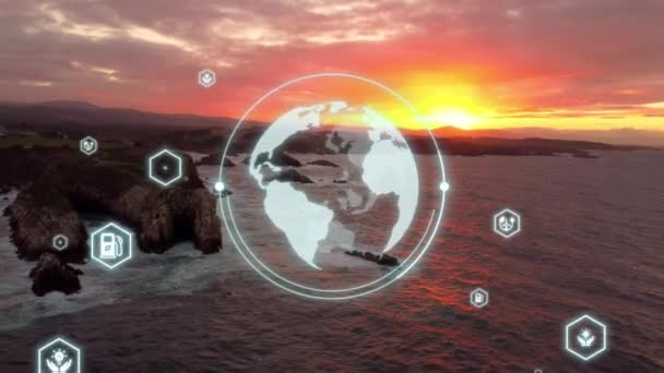 环境技术与创新可持续发展绿色技术未来主义地球 日落时空中的海洋悬崖 — 图库视频影像