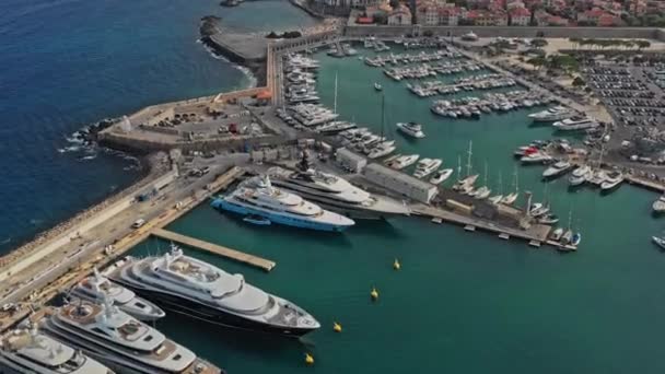 Antibes France Aerial V42 Birds Eye Dolly Shot Overlooking Yachts — стоковое видео