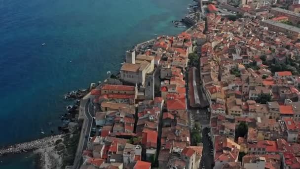 Antibes France Aerial V43 Birds Eye View Drone Flying Coast — Video Stock