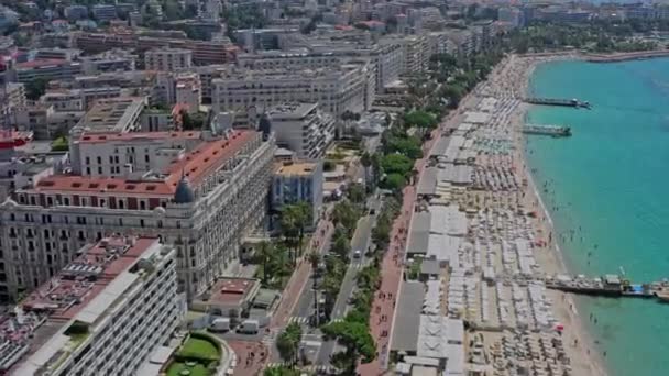Cannes France Aerial V32 Dolly Shot Drone Flying Boardwalk Capturing — Stock Video