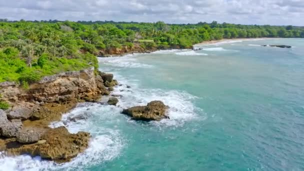 Volando Sobre Costa Rocosa Con Bosque Tropical Playa Virgen Cerca — Vídeos de Stock