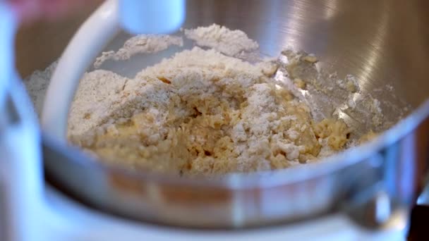 Mengen Van Ingrediënten Een Professionele Standmixer Met Een Deeghaak Geïsoleerde — Stockvideo