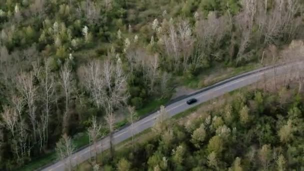 黑色汽车沿着风景秀丽的乡村道路飞鸟俯瞰空中 — 图库视频影像
