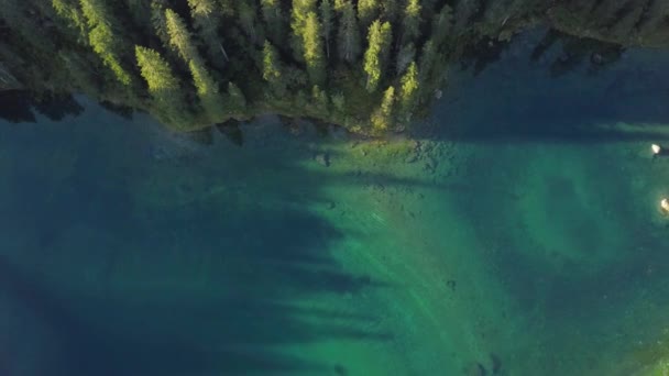 Droneshot Vola All Indietro Mentre Inclina Fotocamera Sopra Lago Carezza — Video Stock