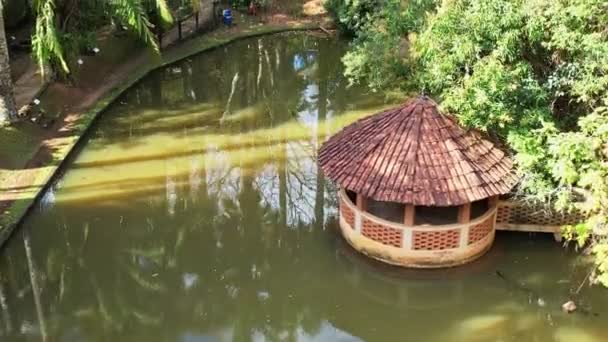 Drone Πετούν Κάτω Πάνω Από Μια Μικρή Λίμνη Ένα Χωριό — Αρχείο Βίντεο