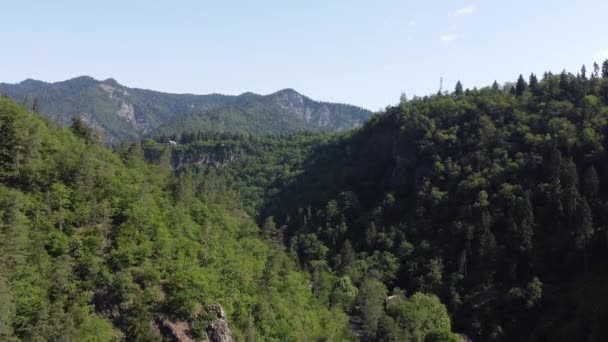 Aerial Pan Borjomi Central Park Thick Green Forest Mountain Range — Stock Video