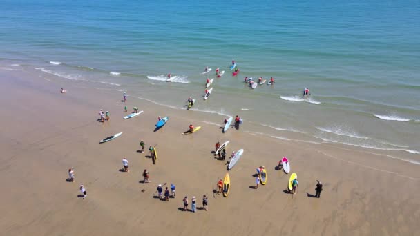 スタンドアップパドルボーダーは レースイベントのためにダクスベリービーチの海に入ります 空中だ マーシフィールド アメリカ — ストック動画
