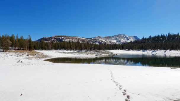 Wide Angle Horseshoe Lake Água Calma Refletindo Com Montanhas Nevadas — Vídeo de Stock