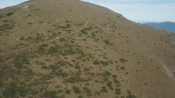 山岳階段上のハイカーの空中ビューサミットに到達しようとしているパス — ストック動画