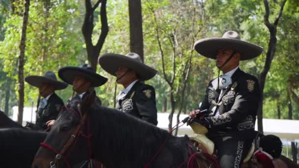 Mexikanska Polisen Patrullerar Hästryggen Klädd Traditionella Sombreros Och Mariachi Stil — Stockvideo