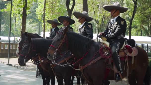 Policía Mexicana Patrullando Caballo Con Sombreros Tradicionales Uniforme Estilo Mariachi — Vídeo de stock