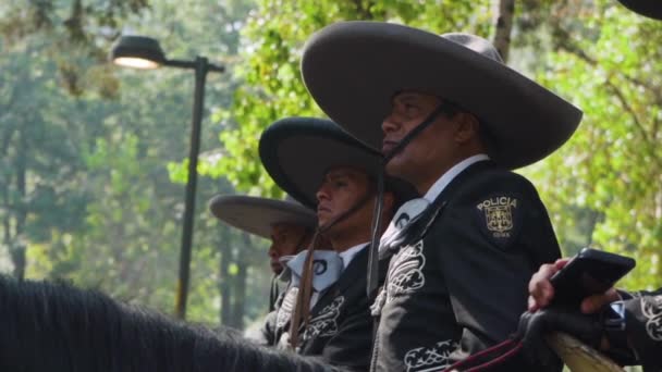 メキシコの警察は いくつかのブレロ帽子とマリアーチの服を着て乗馬にマウントされます メキシコの法執行機関 閉じろ — ストック動画
