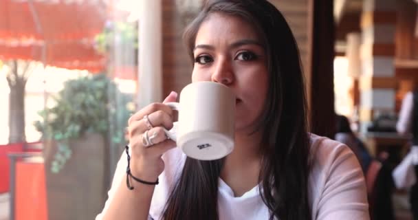 Muchacha Atractiva Cafetería Sonriéndote Mientras Estás Sentado Junto Una Ventana — Vídeo de stock