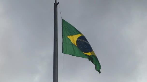 Βραζιλιάνικη Σημαία Υψωμένη Στύλο Και Κυματίζει Θολό Φόντο Εθνική Σημαία — Αρχείο Βίντεο