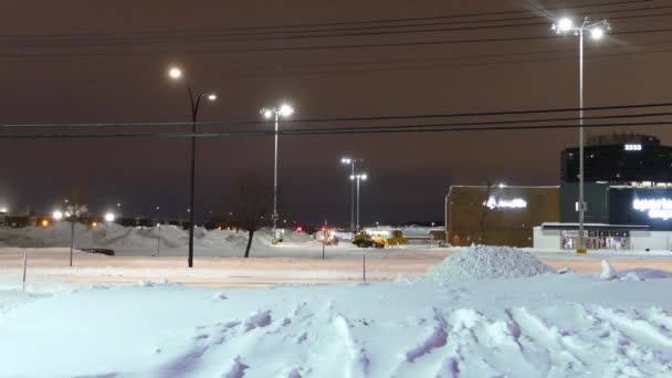 Yellow Bulldozers Carry Out Snow Removal Cold Night Winter Lighting — Stock Video