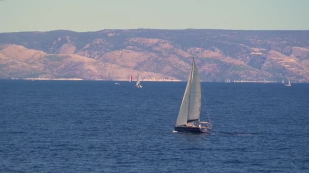 Adriyatik Denizi Nde Arka Planda Dağlık Kıyı Şeridi Olan Yelkenlilerin — Stok video