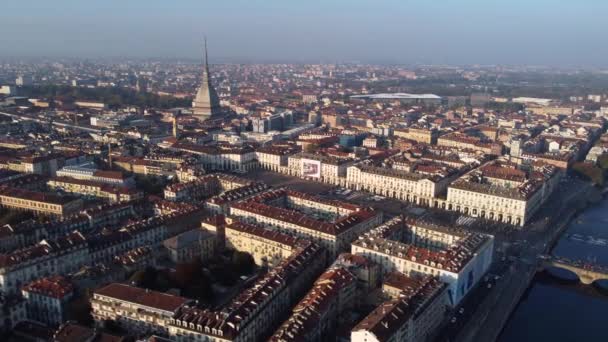 Panorama Torino Con Mole Antonelliana All Ora Oro Padella Aerea — Video Stock