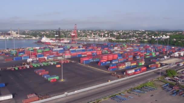 Containrar Och Kranar Kommersiell Hamn Haina Kanal Port Dominikanska Republiken — Stockvideo