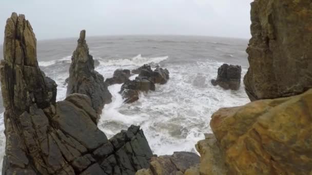 Stranden Arambol Monsun Goa Vattenvågor Kraschar Stenar Och Havsskum Skapar — Stockvideo