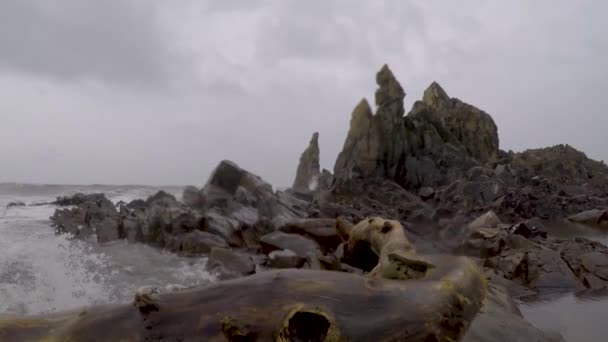 Arambol Strand Monsun Goa Wasserwellen Prallen Auf Felsen Und Meerschaum — Stockvideo