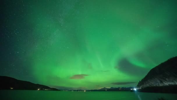 Aurora Borealis Ragyogó Fényei Tenger Felett Fényes Fényszórós Autók Haladnak — Stock videók