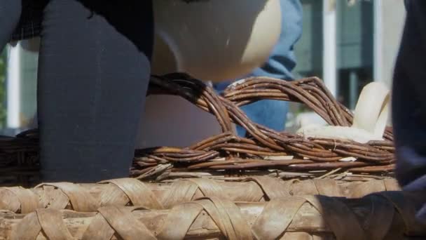 Close Man Hands Removing Pieces Pottery Wicker Baskets — Stock Video